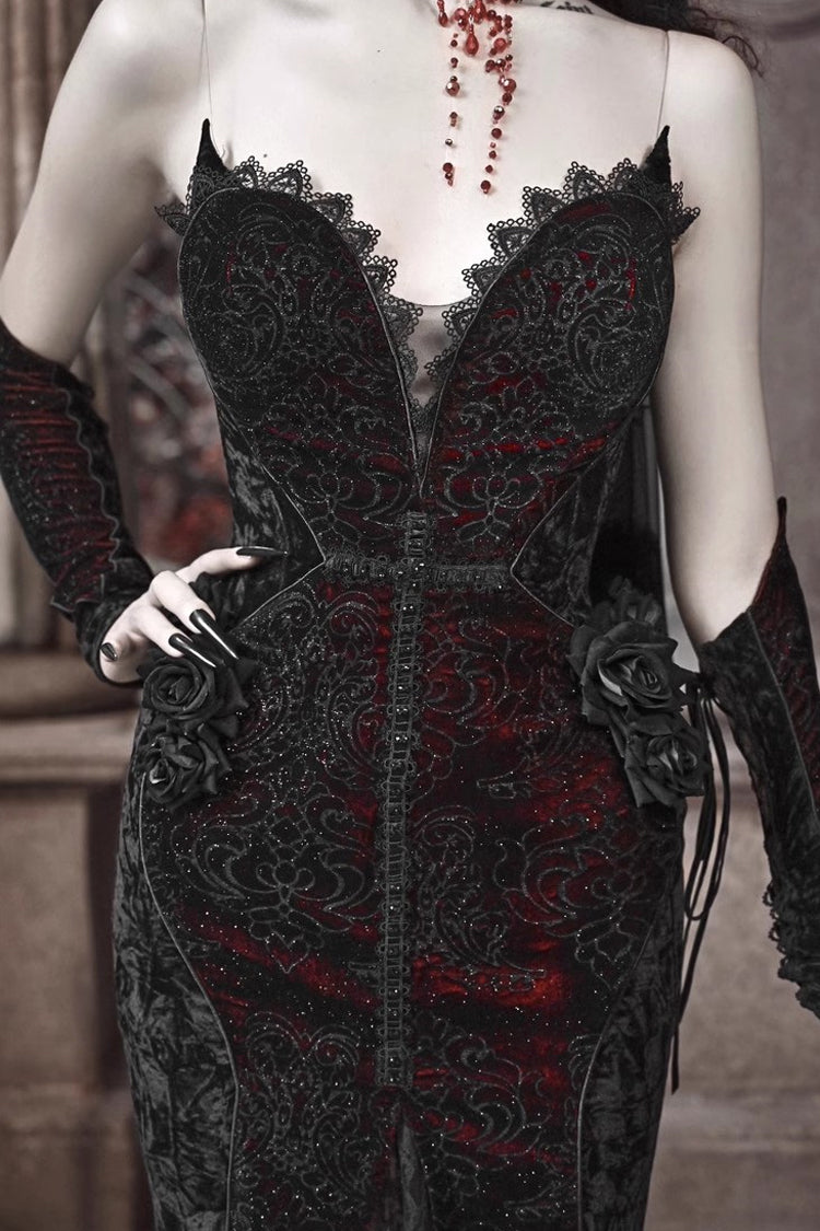 Black/Red Scarlet Blood Peak Sleeveless High Waisted Ruffle Embroidery Lace Gothic Lolita Fishtail Dress