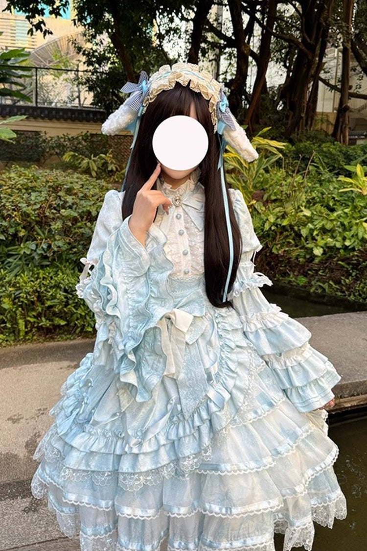 Blue The Soloist Doll Long Hime Sleeves Multi-Layered Print Ruffle Bowknot Asymmetric Sweet Lolita Dress