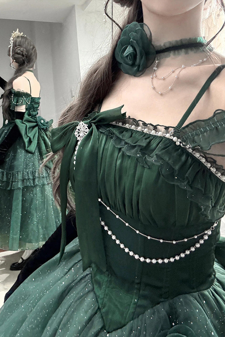 Green Bright Stars Off Shoulder Ruffle Bowknot Asymmetric Sweet Elegant Princess Lolita Dress