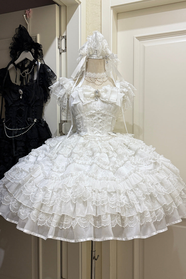 White Eternal Vow Sleeveless Multi-Layered Ruffle Hanayome Bowknot Lace Lace-Up Sweet Lolita Jsk Dress