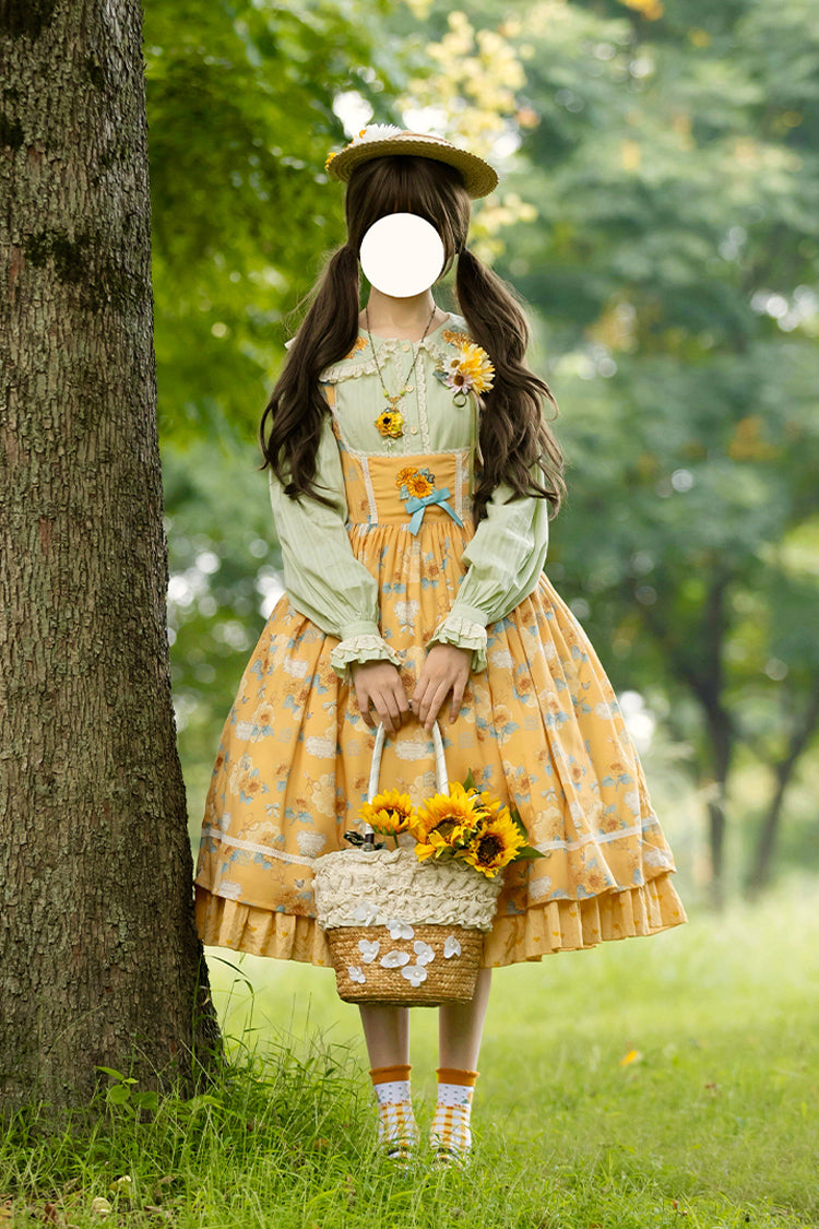 Yellow Gardening Sunflower Sleeveless Print Ruffle Bowknot Sweet Elegant Uplift Lolita Jsk Dress