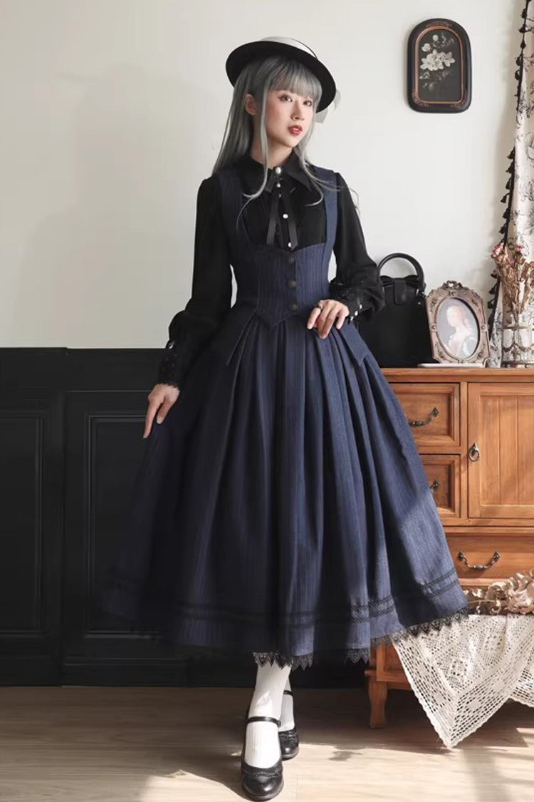 Blue Griffin's Pact Striped Printed Ruffled Gothic Lolita Skirt Vest Set