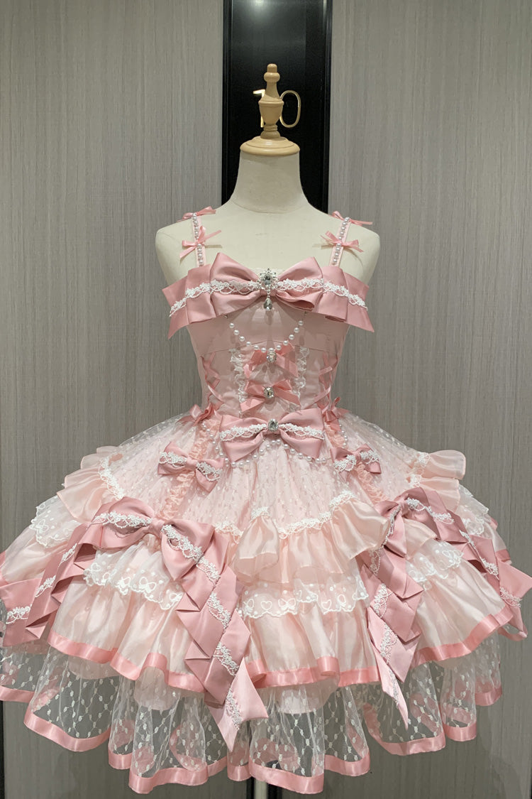 Pink Gem Love Sleeveless Triple-Layered Ruffle Bowknot Lace Sweet Ballet Lolita Jsk Dress