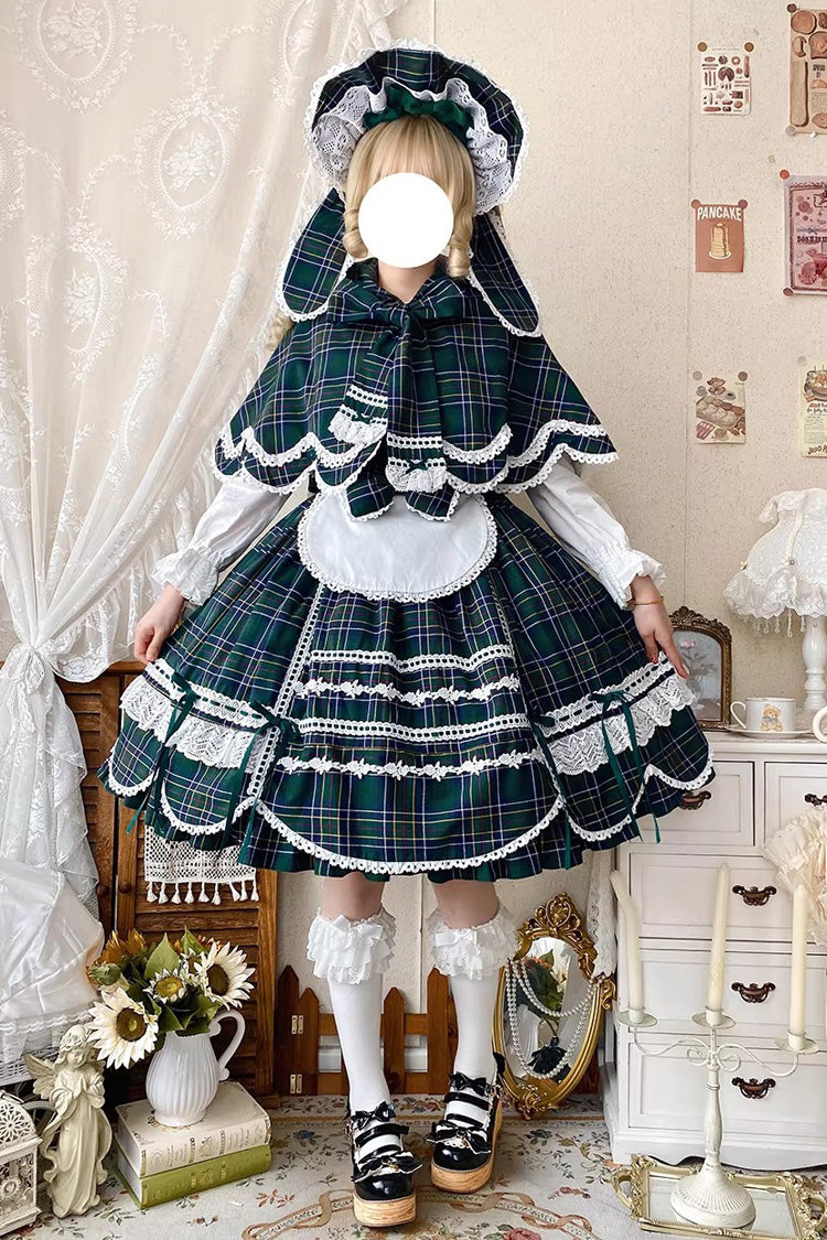 Green Gingham Petal Bunny Printed Ruffled Bow Sweet Lolita Jsk Dress