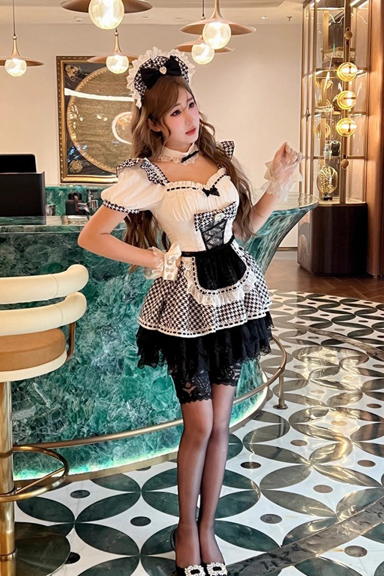 Black/White Lovely Houndstooth Square Collar Short Sleeves Print Ruffle Bowknot Lace Maid Sweet Lolita Dress