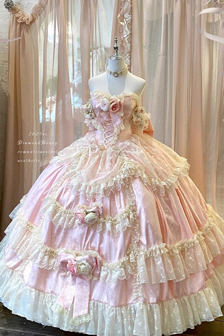 Pink Love and Roses Ruffle Hanayome Bowknot Lace Sweet Princess Lolita Jsk Dress