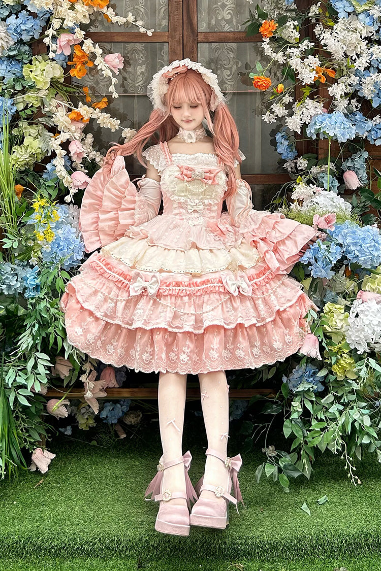 Pink Falling Sakura Multi-Layered Ruffled Hanayome Bow Lace Sweet Plus Size Princess Lolita Jsk Dress