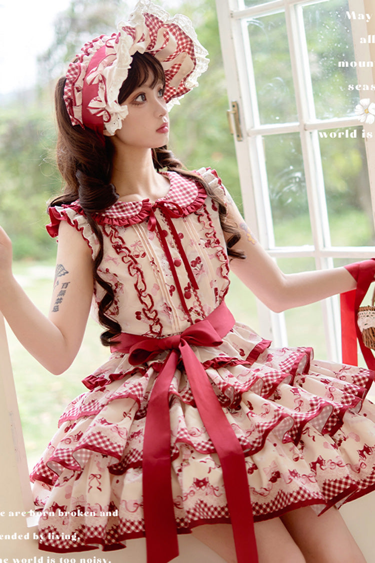 Red Triple-Layered Cherries Are Ripe Print Ruffle Sweet Lolita Skirt Set