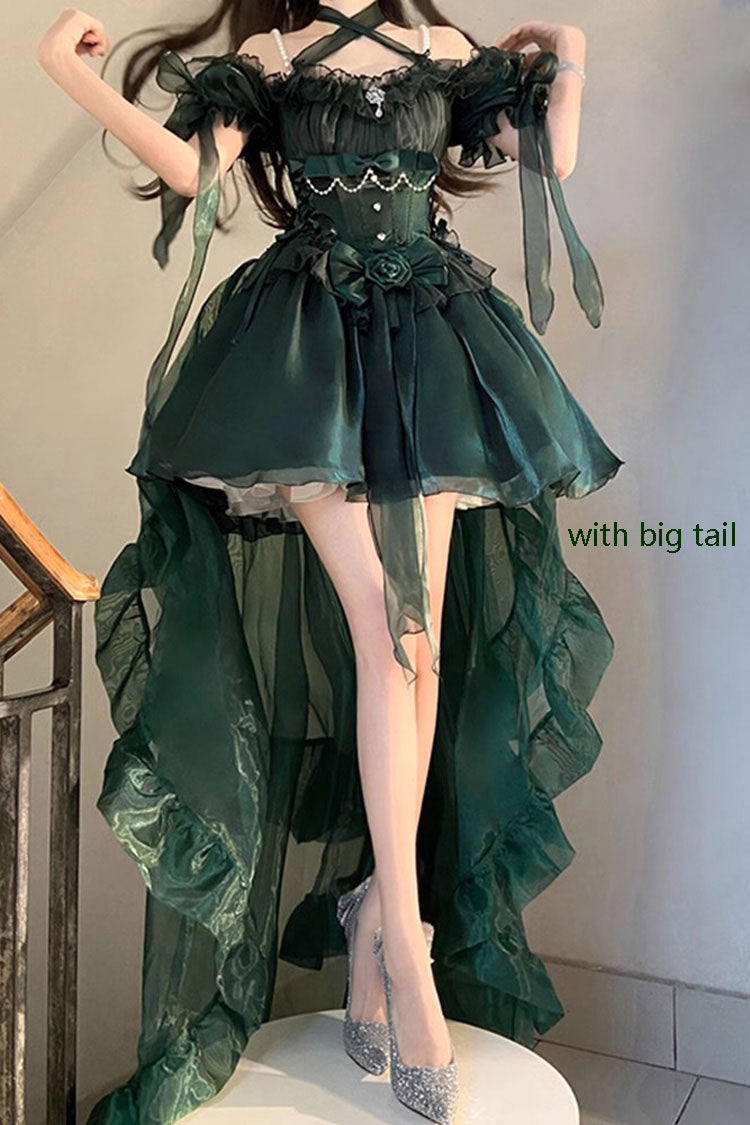 Green Midsummer Dream Short Sleeves Ruffle Hanayome Off-The-Shoulder Gothic Short Lolita Dress
