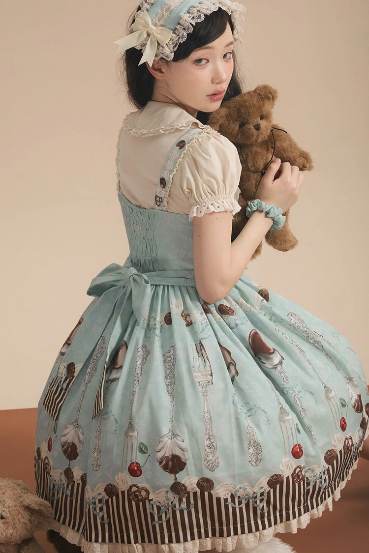 Green Chocolate Cherry Print Bowknot Sweet Lolita Jsk Dress