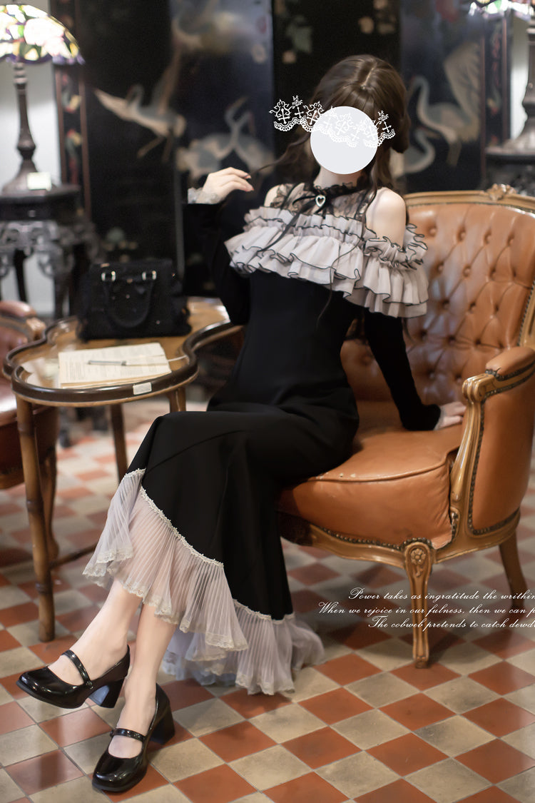 Black Night Cherry Blossoms Long Sleeves Ruffle Bowknot Daily Sweet Elegant Lolita Fishtail Dress