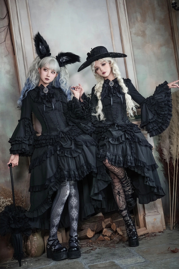 Black Immortal Phoenix Long Hime Sleeves Multi-Layered Ruffled Bow Lace-Up Gothic Lolita Skirt Dress Set