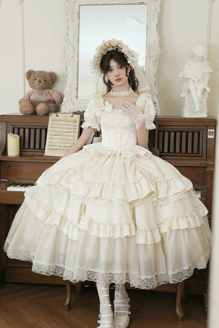 White Letters and Poems Square Collar Short Sleeves Ruffle Hanayome Bowknot Sweet Elegant Gorgeous Lolita Dress