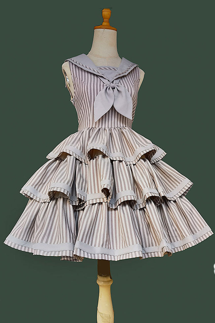 From Afar Sleeveless Triple-Layered Stripe Print Bowknot Sweet College Style Lolita Dress 2 Colors