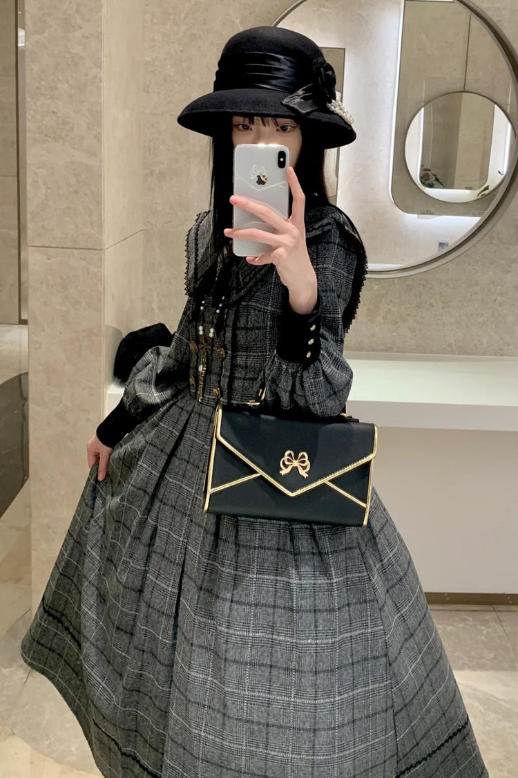 Grey Fontainebleau Long Sleeves Plaid Print Bowknot Elegant Sweet Lolita Dress