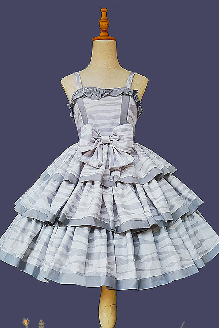Grey Cloth Cat Triple-Layered Print Ruffle Bowknot Sweet Lolita Dress