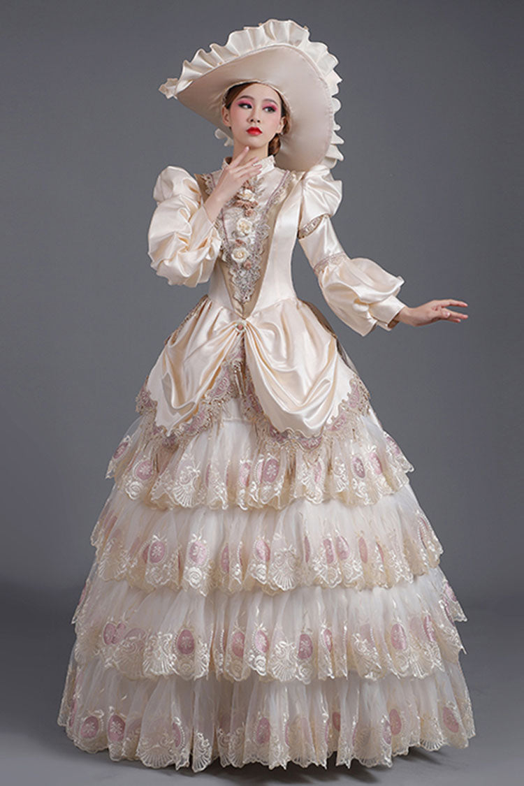 Champagne Lantern Sleeves High Waisted Three Dimensional Flower Print Victorian Lolita Prom Tiered Dress