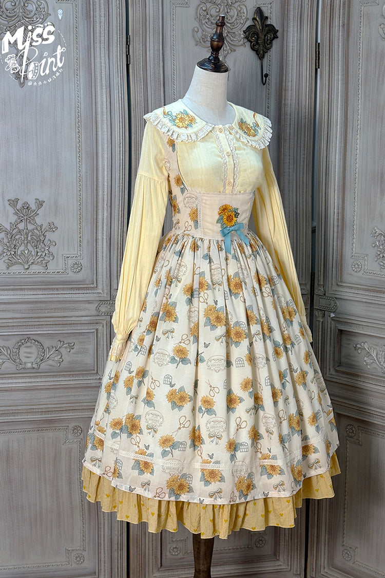 Apricot Gardening Sunflower Sleeveless Print Ruffle Bowknot Sweet Elegant Uplift Lolita Jsk Dress