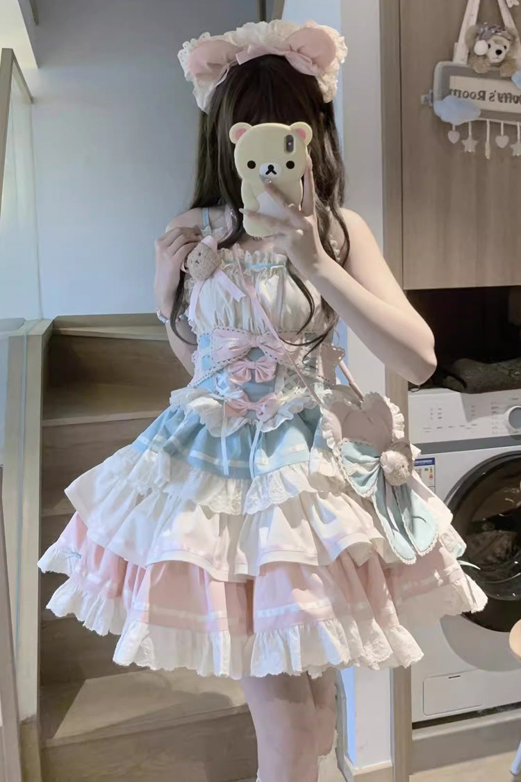 Blue/Pink First Love Bear Multi-Layered Ruffle Bowknot Lace Sweet Lolita Jsk Dress