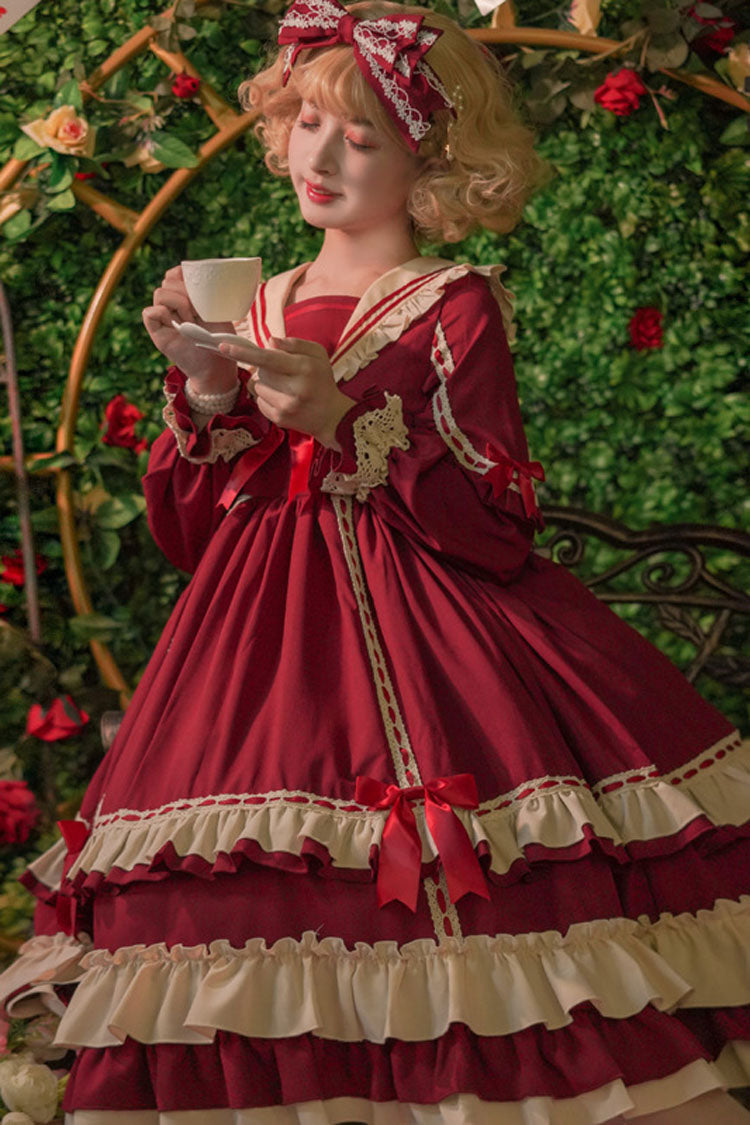Court Style Long Sleeves High Waisted Bowknot Ruffled Multi-Layer Classic Lolita Op Dress