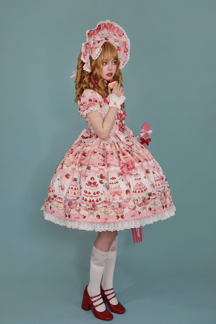 Strawberry Cake Bouquet Print Square Collar Short Sleeves Bowknot Lace Sweet Lolita Dress 3 Colors