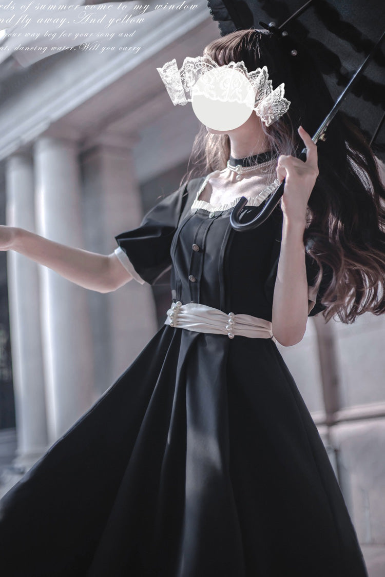 Black Random Thoughts Square Collar Short Sleeves Ruffle Classic Vintage Elegant Lolita Dress