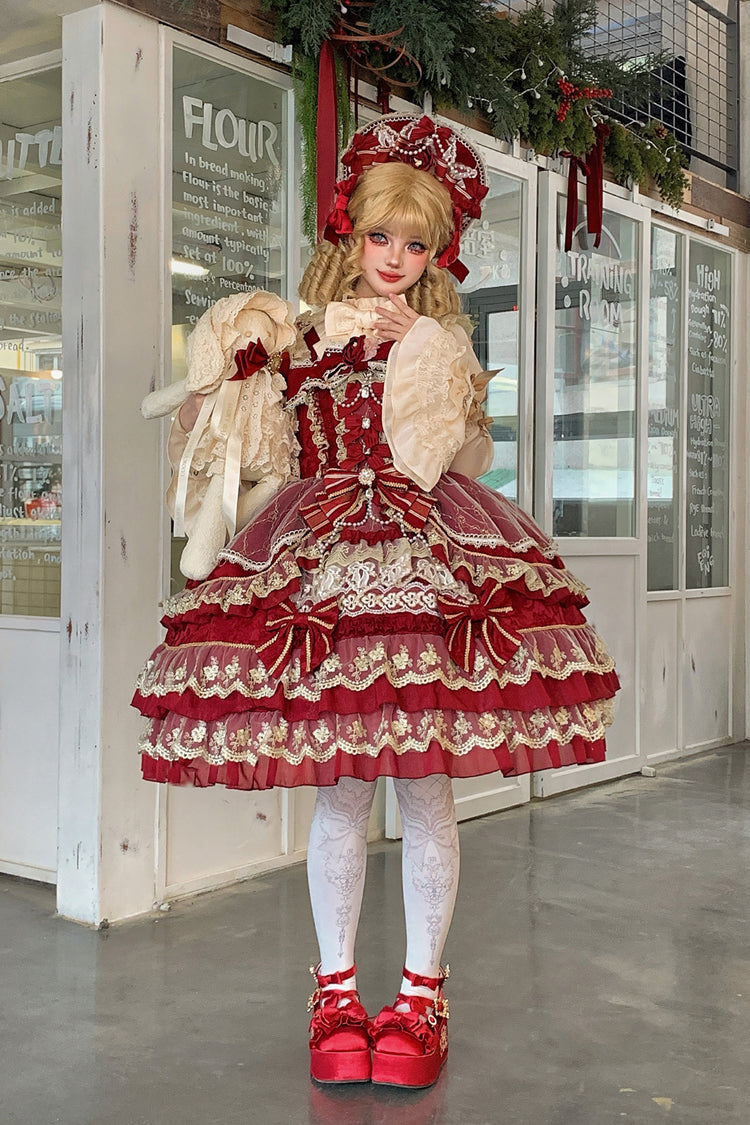 Red Crown of Gems Triple-Layered Ruffle Bowknot Lace Sweet Gorgeous Lolita Jsk Dress