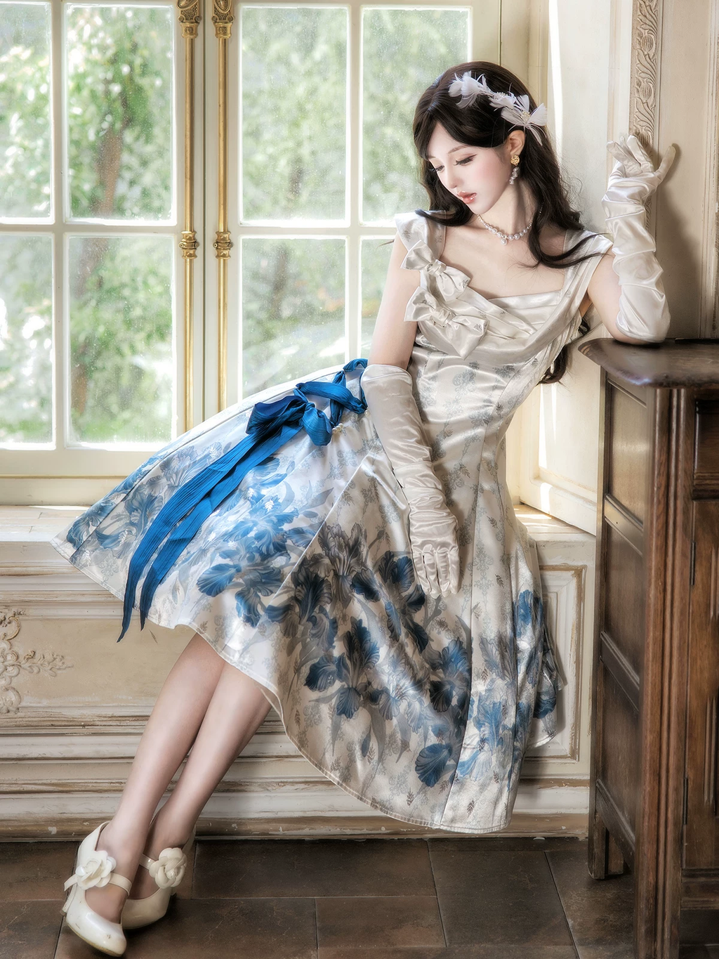 Blue Floral Print Sleeveless Drape Collar Side Lace-Up Bow Sweet Princess Vintage Lolita Dress