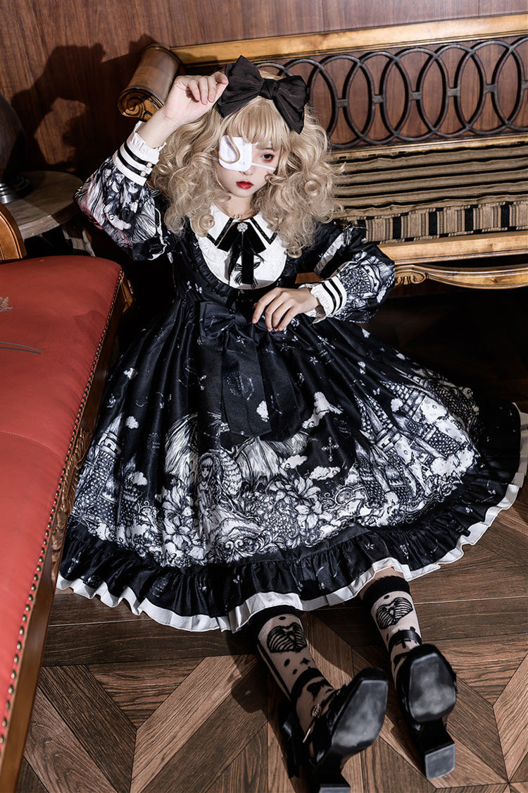Black Castle Night Print Long Sleeves Ruffle Bowknot Gothic Lolita Dress