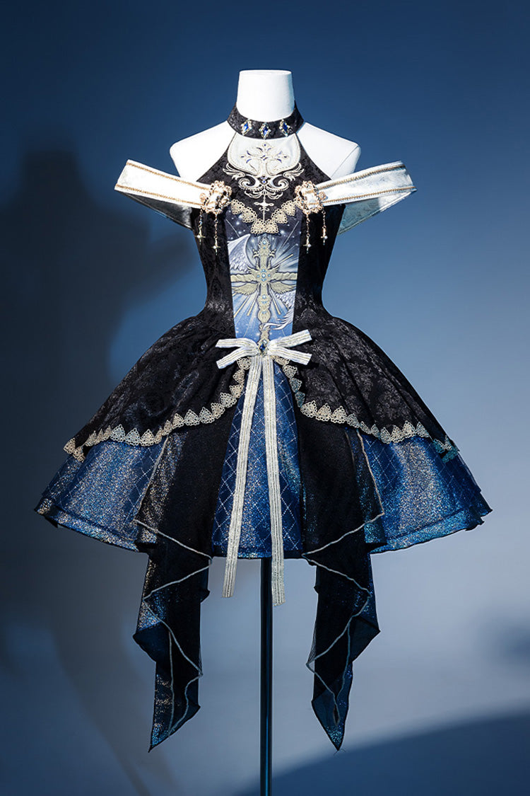 Black/Blue Universe Off Shoulder Halterneck Sleeveless Print Embroidery Cardigan Gothic Princess Lolita Dress