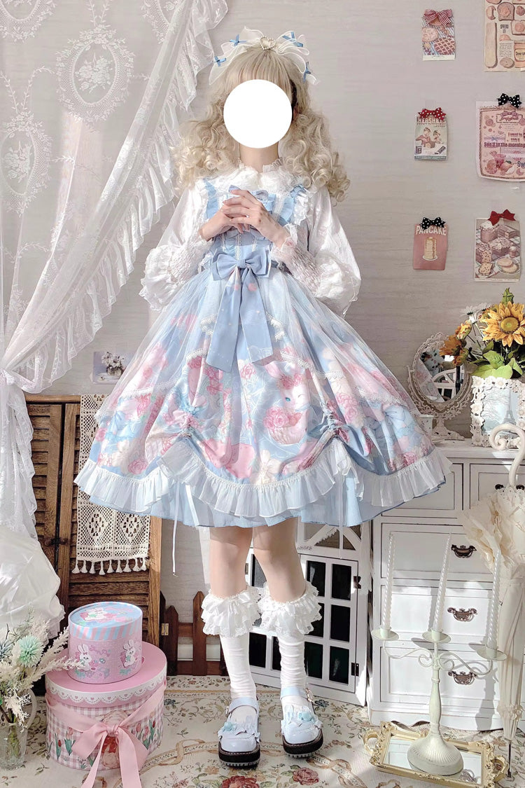 Blue Sleeveless High Waisted Rabbit Print Ruffle Bowknot Sweet Lolita Jsk Dress