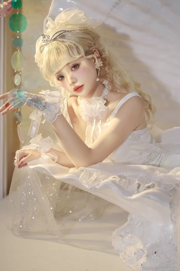 White Bright Moonlight Sleeveless Ruffle Bowknot Lace Lace-Up Sweet Elegant Lolita Jsk Dress