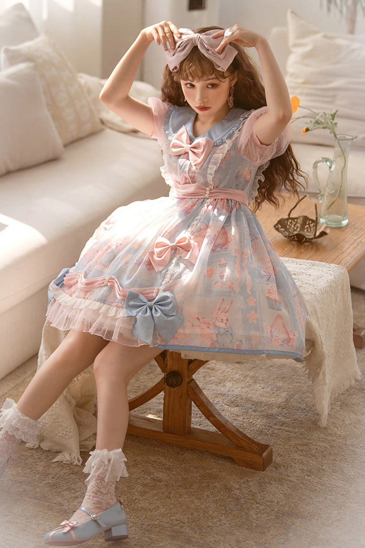 Pink/Blue Doll Collar Short Sleeves Rabbit Candy Paper Print High Waisted Sweet Lolita OP Dress