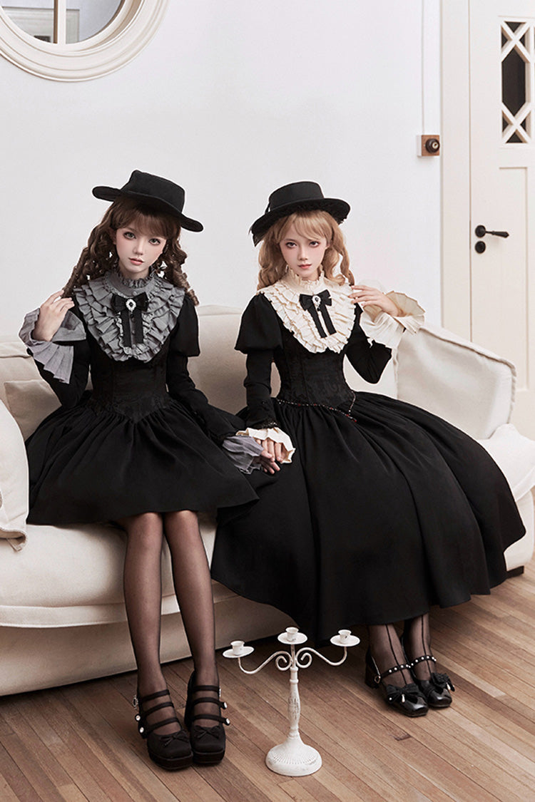Black Old Testament Short Sleeves Ruffle Embroidery Bowknot Lace-Up Gothic Lolita Dress 2 Versions
