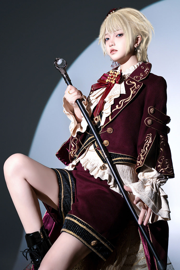 Red Royal Heir Embroidery Classic Military Gorgeous Handsome Ouji Lolita Coat Blouse Shorts Set
