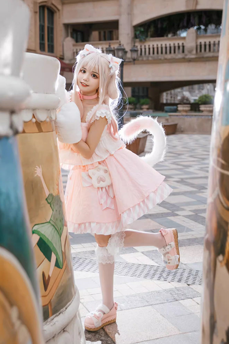 Pink Miss Meow Print Ruffle Bowknot Sweet Lolita Skirt Set
