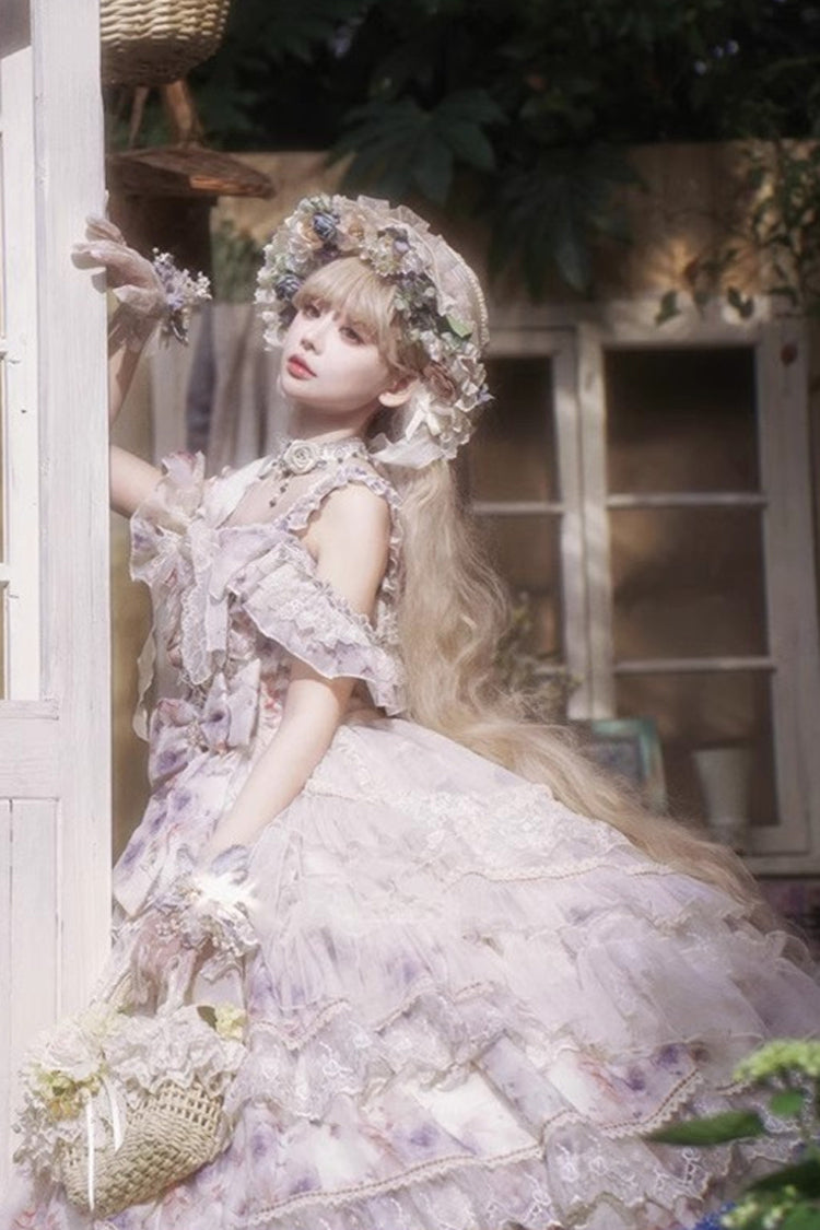 Blue Rose Letter Off Shoulder Triple-Layered Print Ruffle Hanayome Sweet Princess Lolita Dress