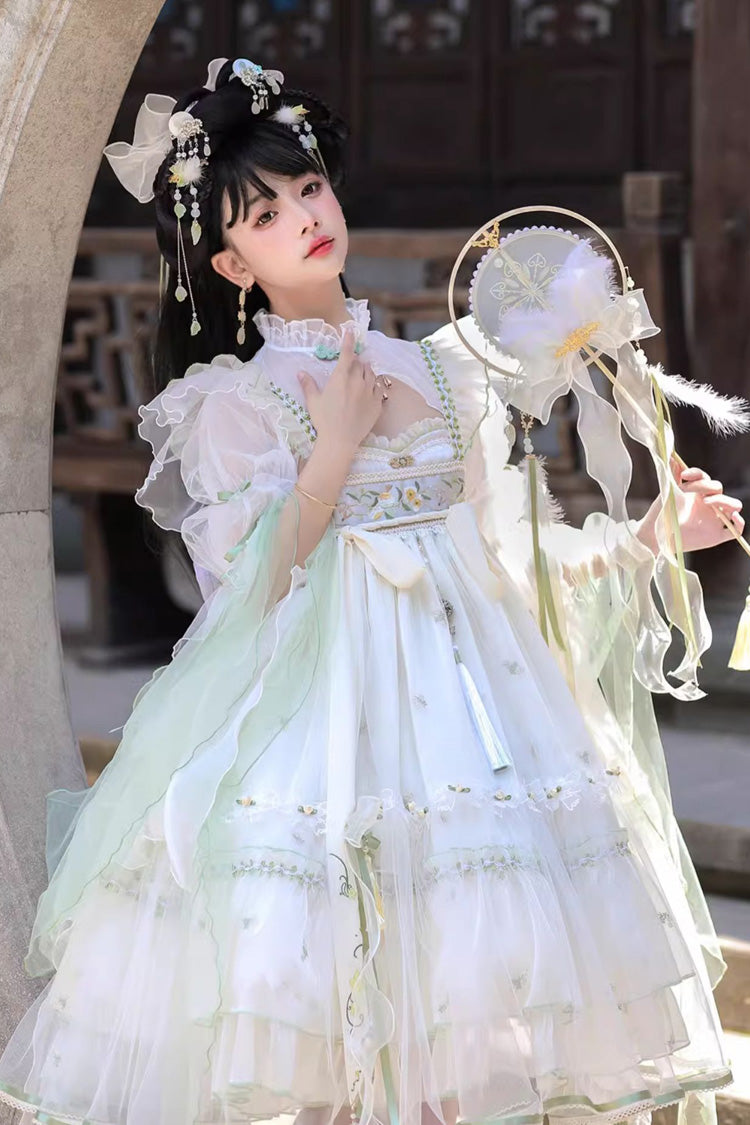 Ivory Luo Ling Fu Ruffle Embroidery Bowknot Lace Sweet Chinese Style Lolita Jsk Dress
