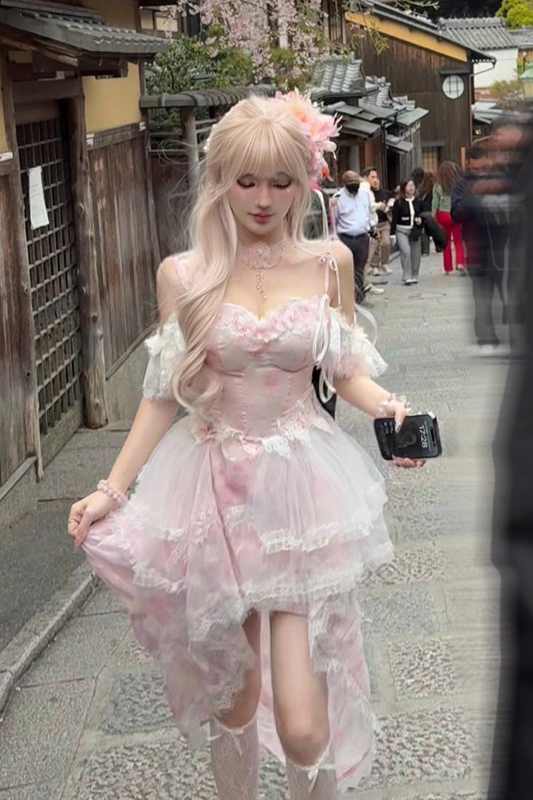 Pink Sakura Trio Sleeveless Double-Layered Ruffle Bowknot Lace Sweet Princess Lolita Jsk Dress