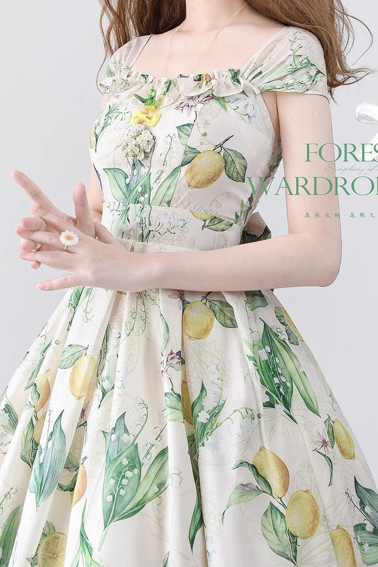 Yellow/Green Forest Basket Lemon Print Bowknot Chiffon Sweet Elegant Lolita Jsk Dress