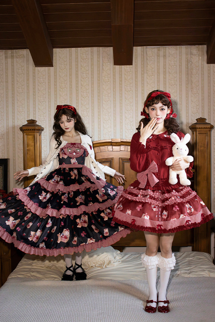 Blue/Pink Bell Strawberry Farm Embroidery Print Triple-Layered Ruffle Sweet Lolita JSK Dress