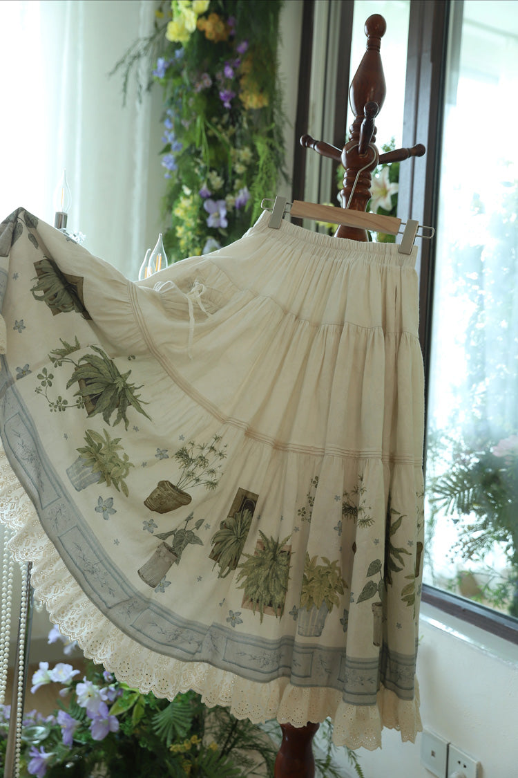 Ivory Potted Plant Print Ruffle Sweet Lolita Skirt