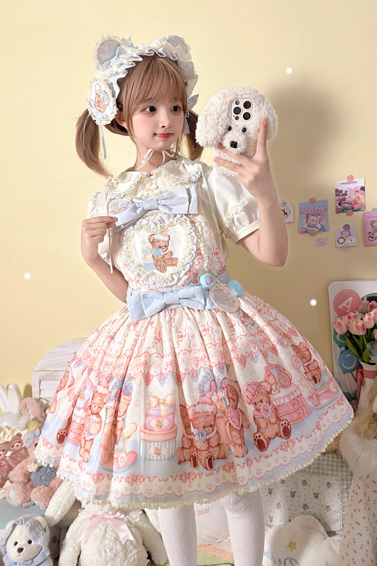 Bear Anniversary Celebration Sleeveless Printed Ruffled Bow Sweet Lolita Strap Dress 2 Colors