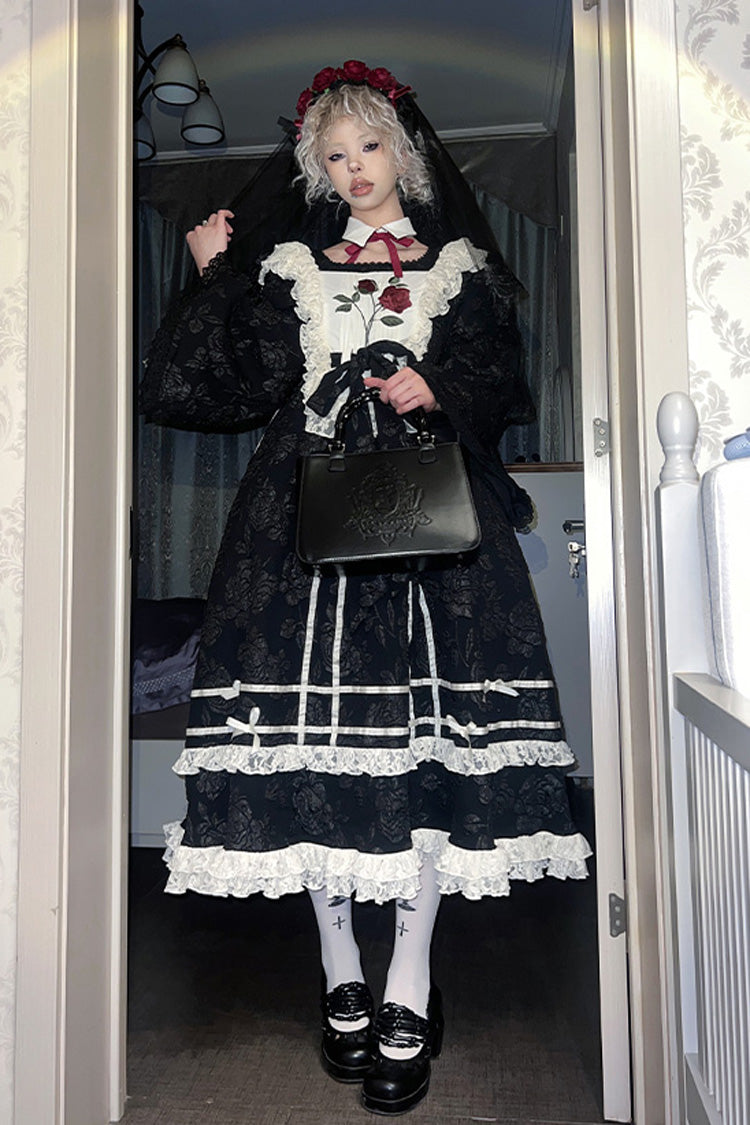 Black Rose Choir Double-Layered Ruffle Embroidery Bowknot Lace Gothic Elegant Nun Lolita Dress