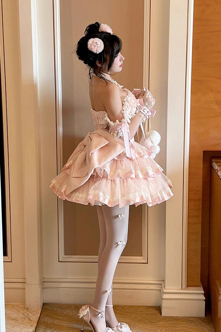 Pink Princess Ribbon Off Shoulder Triple-Layered Ruffle Bowknot Sweet Lolita Dress