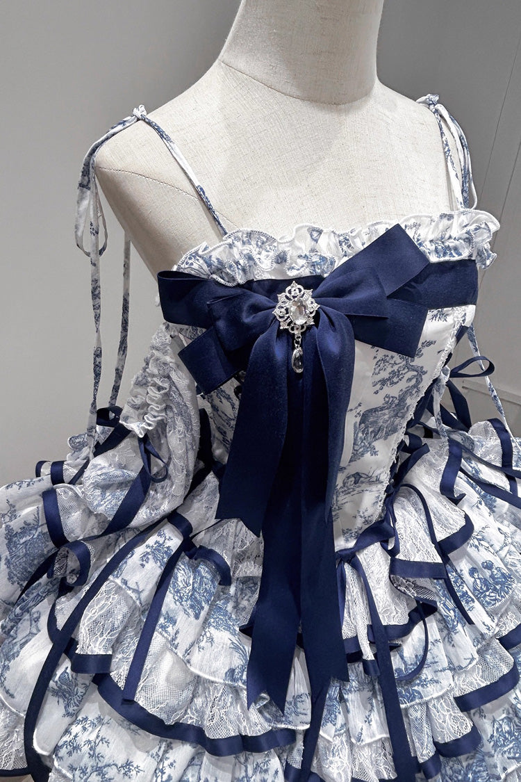 Blue/White Sleeveless Multi-Layered Print Bowknot Fishbone Sweet Classic Chinese Style Lolita Jsk Short Dress