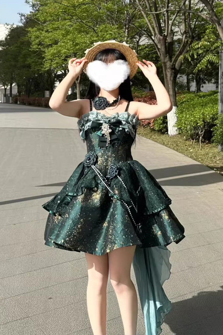 Cosmic Shimmer Halterneck Oil Printed Ruffled Bow Lace Pearl-Decorated Sweet Princess Lolita Short Jsk Dress 2 Colors