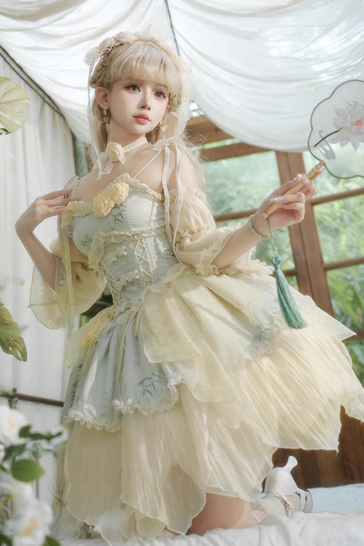 Green Tea Bamboo Song Sleeveless Print Ruffle Bowknot Sweet Chinese Style Elegant Ballet Lolita Jsk Short Dress