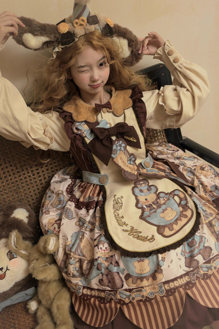Bear Cookie Long Sleeves Print Bowknot Sweet Lolita Dress Set 2 Colors