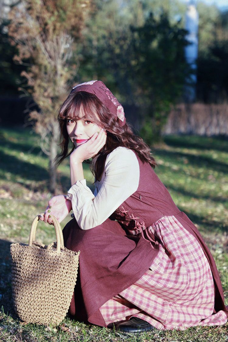 Brown French Retro Pastoral Style Long Sleeves Stitching Plaid Crinkle Sweet Lolita OP Dress (Headkerchief is included)